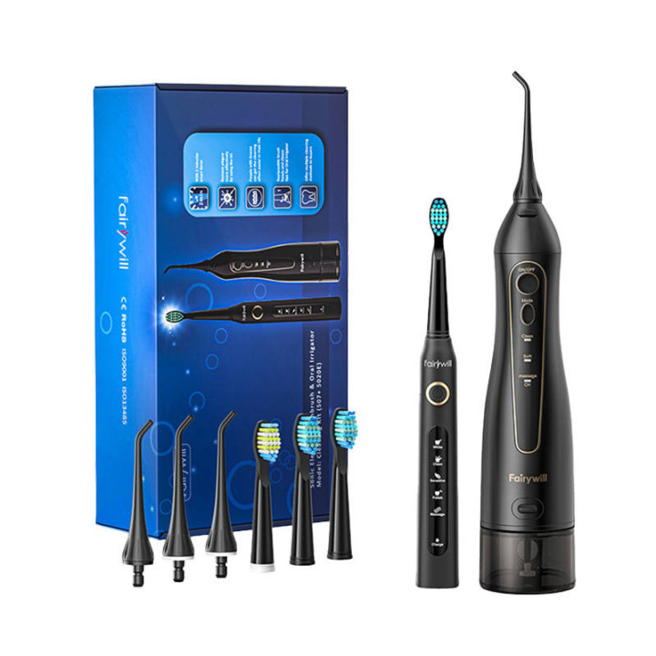 Szczoteczka soniczna z końcówkami i irygatorem FairyWill FW-507+FW-5020E (czarna)