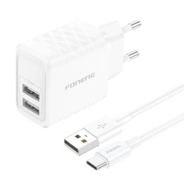 Foneng EU53 Cargador de red 20W 2xUSB-A, 2.4A (Blanco) + cable USB-C
