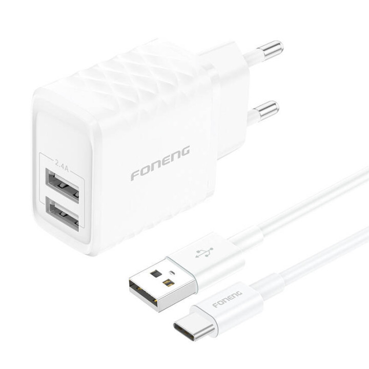 Foneng EU53 Cargador de red 20W 2xUSB-A, 2.4A (Blanco) + cable USB-C