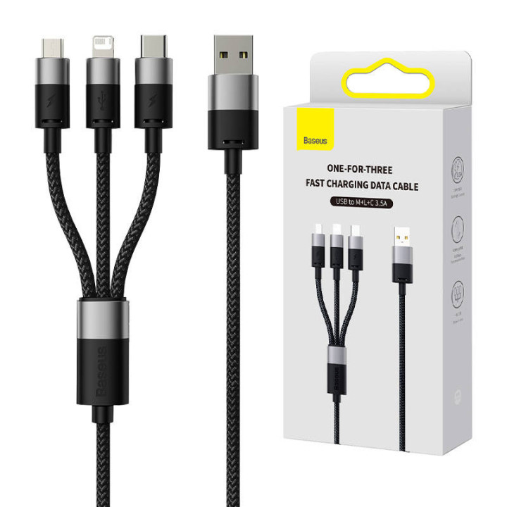 Cable USB 3 en 1 Serie Baseus StarSpeed, USB-C + Micro + Lightning 3,5A, 1,2 m (Negro)