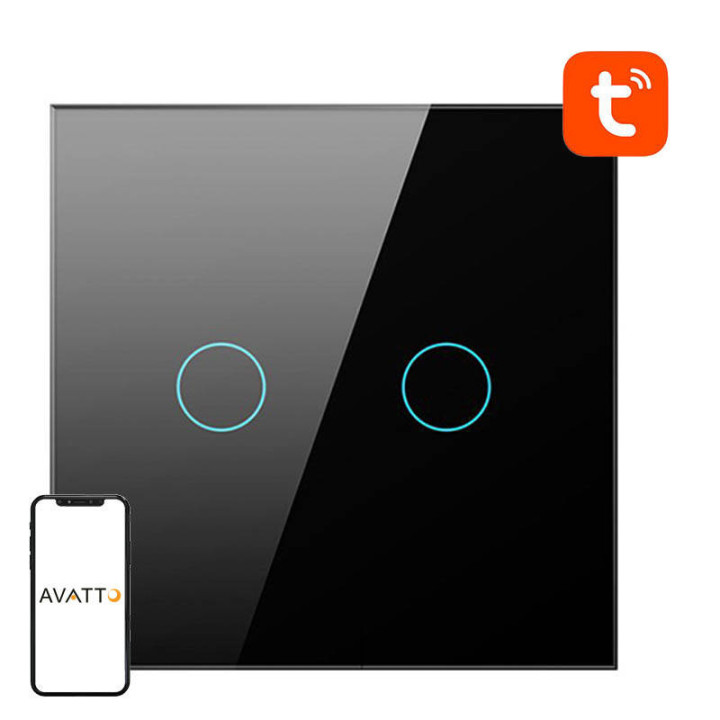 Умный выключатель света ZigBee Avatto LZTS02-EU-B2 2-контактный, без нейтрали TUYA (черный)