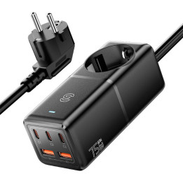 Зарядное устройство, Essager, ECTAC-BRB01-Z, GaN, 3xUSB-C, 2xUSB-A, Гняздко AC, 75 Вт (черное)