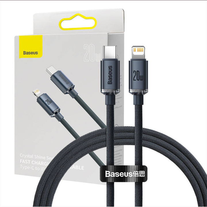 Cable Baseus Crystal USB-C a Lightning, 20W, PD, 1,2 m (negro)
