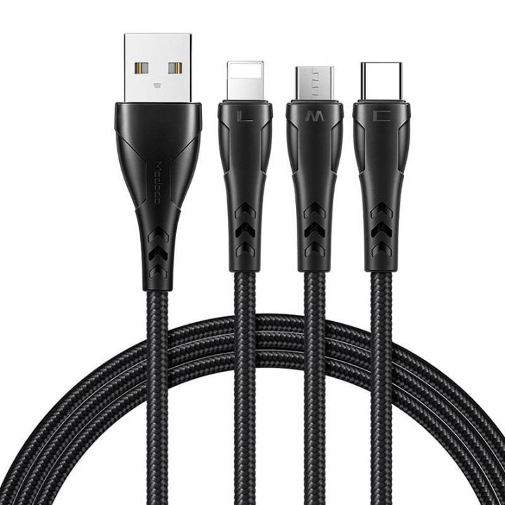Cable USB 3 en 1 a USB-C / Lightning / Micro USB, Mcdodo CA-6960, 1,2 m (Negro)
