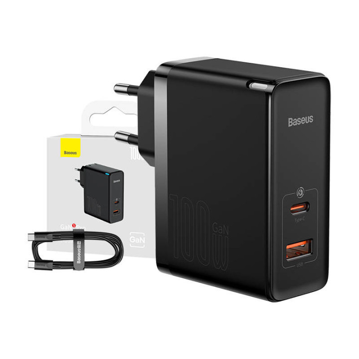 Cargador de pared Baseus GaN USB-C + USB, 100W + cable de 1m (negro)