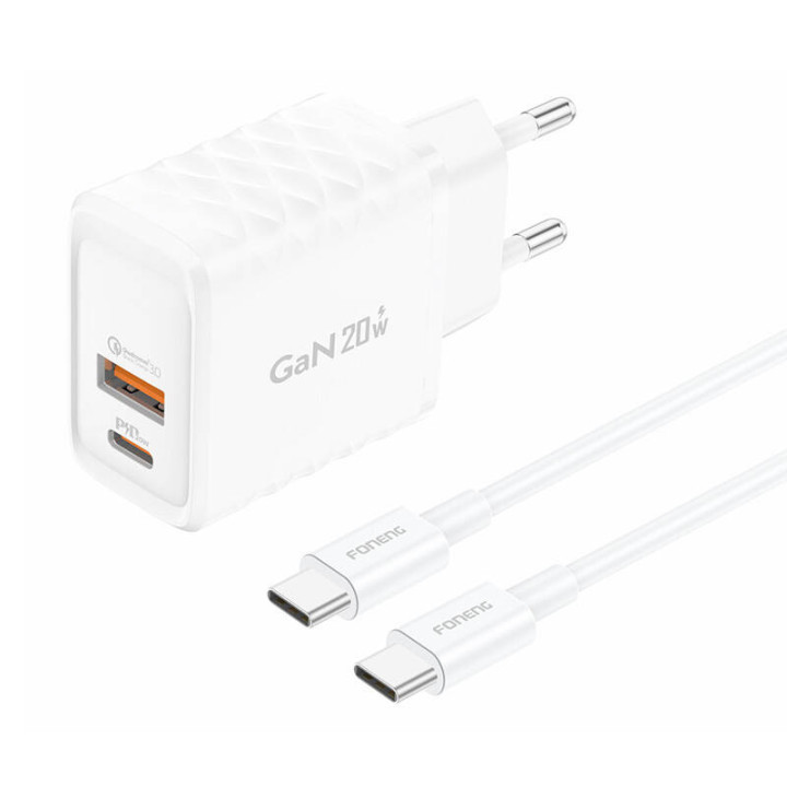Foneng EU56 1xUSB-A, 1xUSB-C, зарядное устройство мощностью 20 Вт (белое) + кабель USB-C