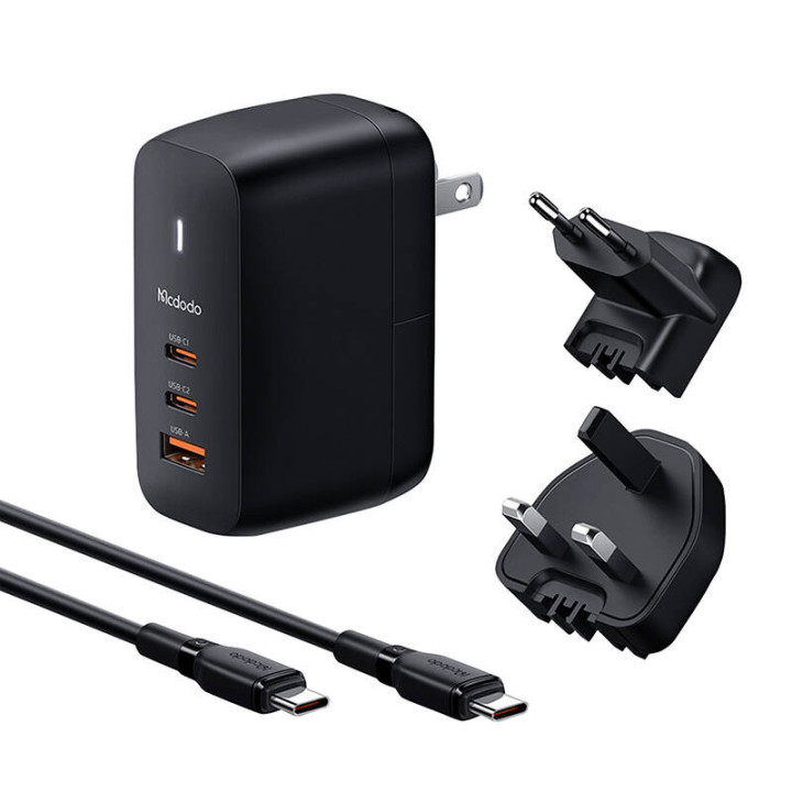 Mcdodo CH-8442 Cargador de red para Reino Unido/EE. UU./UE, 2x USB-C + USB-A, cable USB-C de 2 m, 65 W (negro)