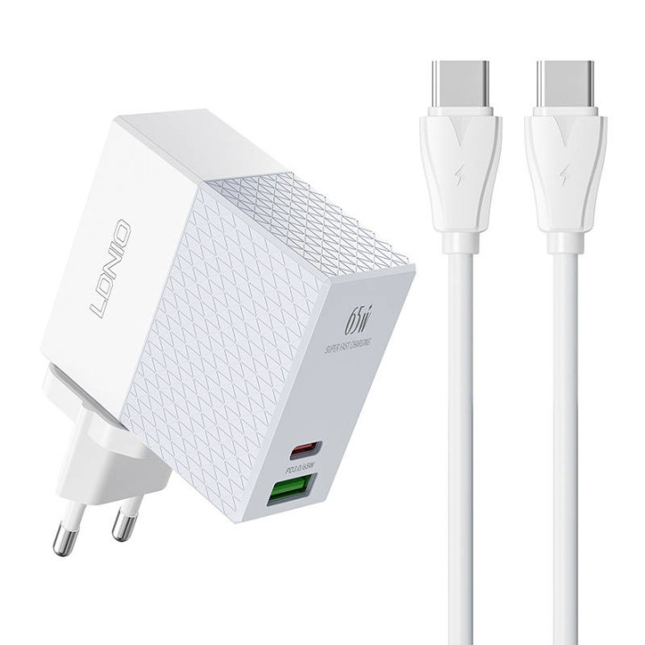 Cargador de pared LDNIO A2620C USB, USB-C 65W + USB-C - cable USB-C