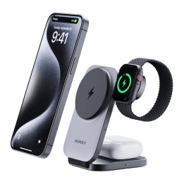 Magnetisches kabelloses Ladegerät 3 in 1 MagFusion Aukey LC-MC312, 15W Qi2 (grau)