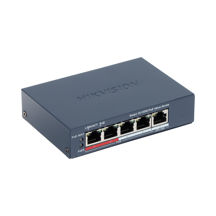 Hikvision DS-3E1105P-EI/MV2 управляемый PoE коммутатор на 5 портов, 4 порта PoE, 54В, 10/100Mbps