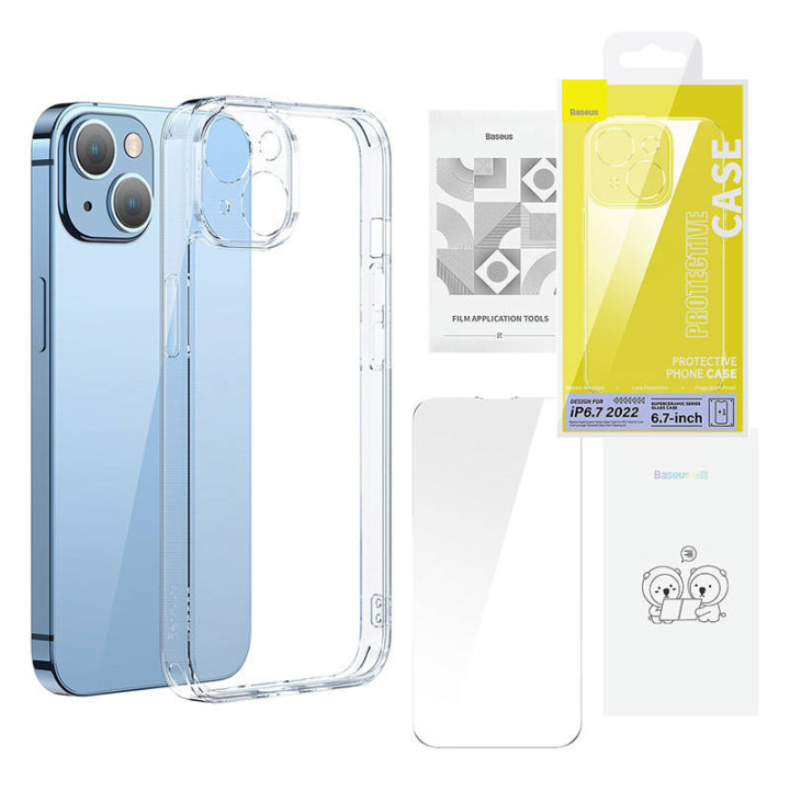 Baseus SuperCeramic Set aus transparentem Glasgehäuse und gehärtetem Glas für das iPhone 14 Plus