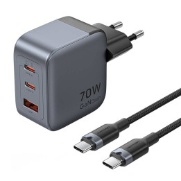 Зарядное устройство GaN Vention USB-C+C+A 70 Вт + кабель USB-C-C 1 м (серый)