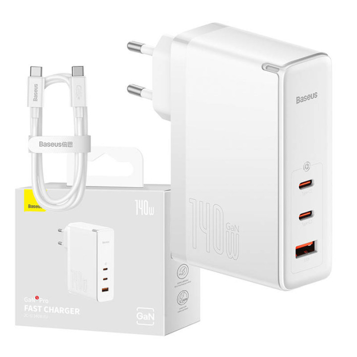 Wandladegerät Baseus GaN5 Pro 2xUSB-C + USB, 140W (weiß)