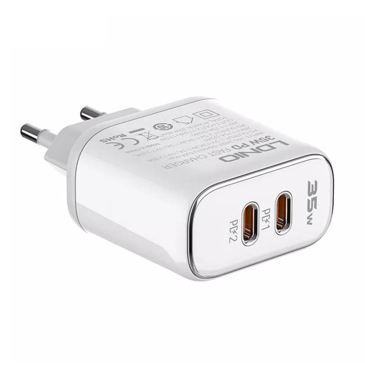 Wandladegerät LDNIO A2528M 2USB-C für Apple + USB-C – Lightning-Kabel