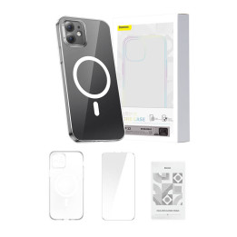 Handyhülle Baseus Magnetic Crystal Clear für iPhone 12 (transparent) mit Displayschutzfolie aus gehärtetem Glas und Reinigungsse