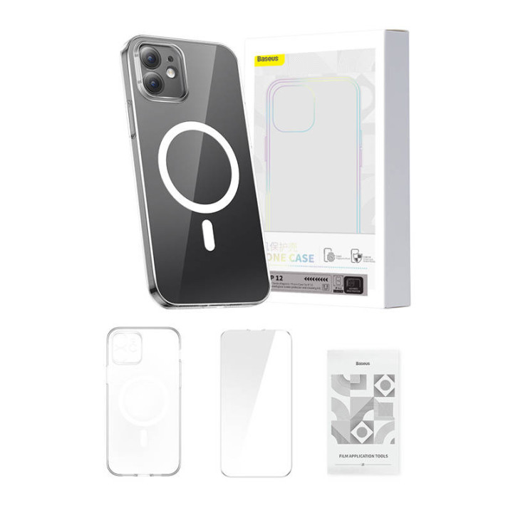 Handyhülle Baseus Magnetic Crystal Clear für iPhone 12 (transparent) mit Displayschutzfolie aus gehärtetem Glas und Reinigungsse