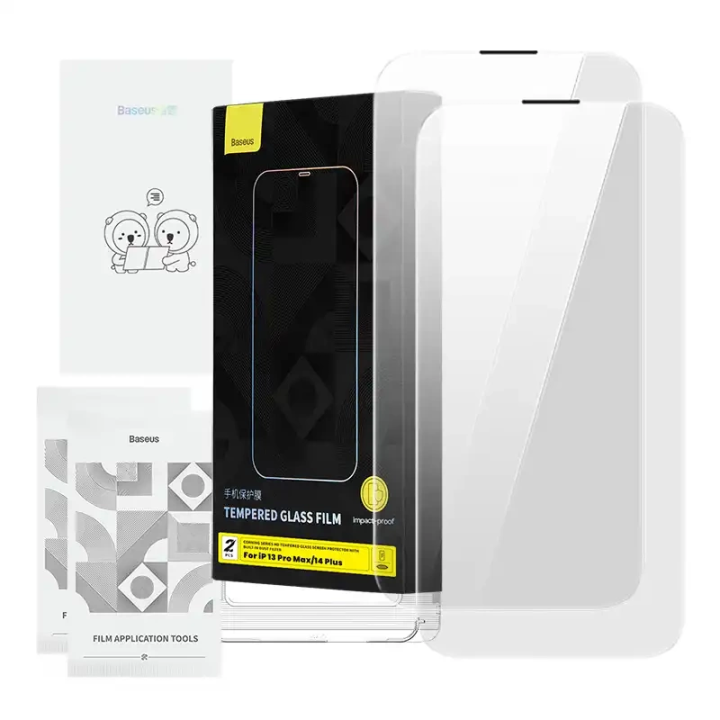 Gehärtetes Glas Baseus Corning für iPhone 13 Pro Max/14 Plus mit integriertem Staubfilter