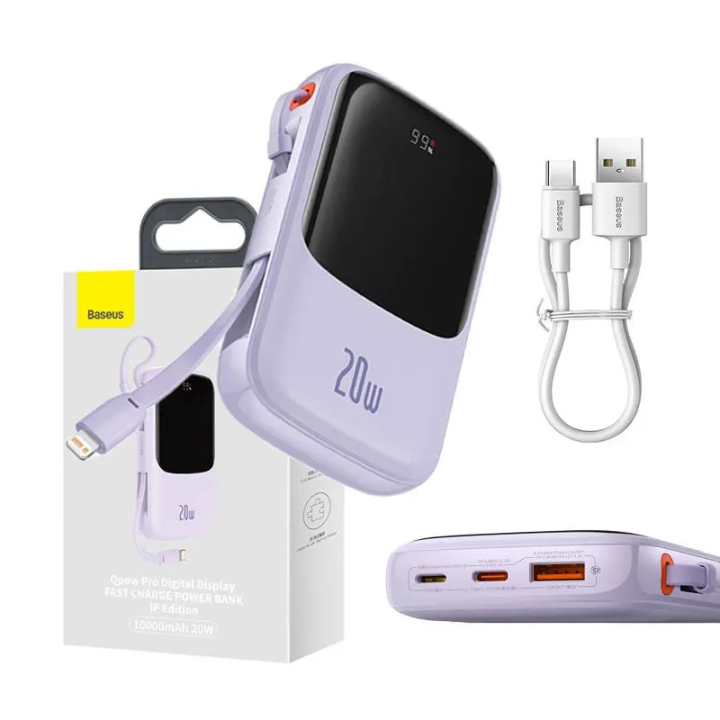 Powerbank Baseus Qpow Pro с кабелем Lightning, USB-C, USB, 10000 мАч, 20 Вт (фиолетовый)