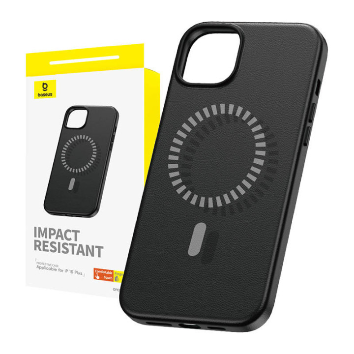 Magnetische Handyhülle für iPhone 15 Plus Baseus Fauxther Series (Schwarz)