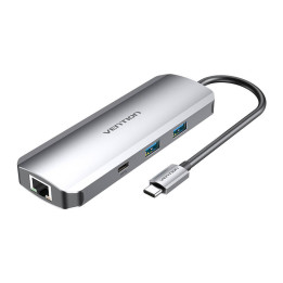 Stacja dokująca USB-C na HDMI, USB-C, 2x USB3.0, RJ45, SD, TF, TRRS 3,5mm, PD 0,15m Vention TOMHB (szara)