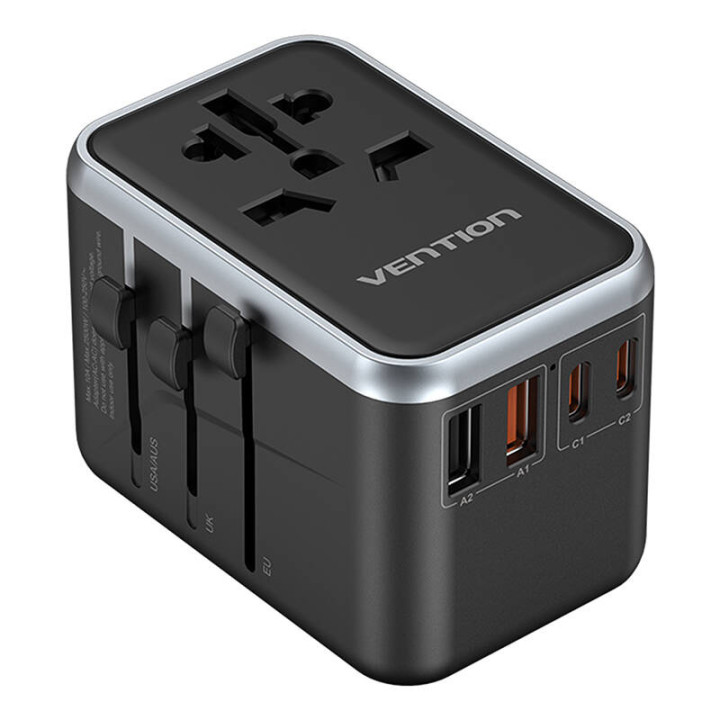 Vention FJFB0 GaN 2xUSB-C 2xUSB-A Универсальный дорожный адаптер 65 Вт (черный)