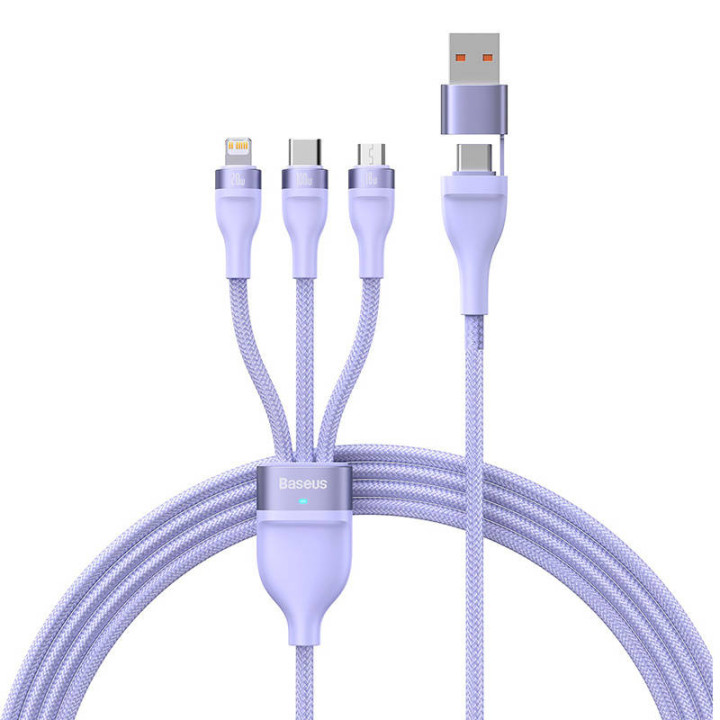 3in1 USB-Kabel Baseus Flash Series 2, USB-C + Micro-USB + Lightning, 100 W, 1,2 m (lila)