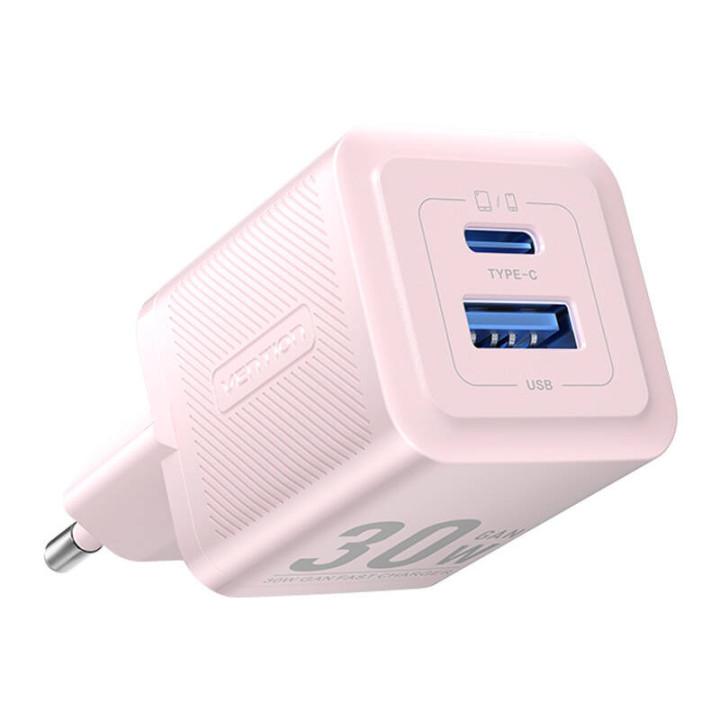 Wandladegerät, Vention, FEQP0-EU, USB-C + USB-A, 30 W/30 W, GaN (rosa)