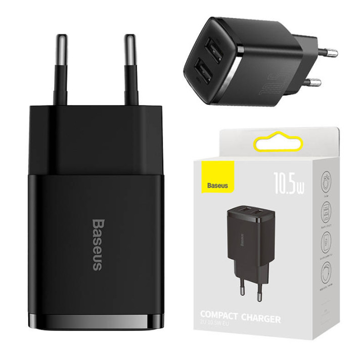 Компактное быстрое зарядное устройство Baseus, 2 порта USB, 10,5 Вт (черное)