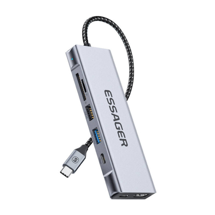 Estación de Acoplamiento, Essager, EHB08-QK0G-Z, HDMI, 2xUSB-A, Tarjeta SD, Tarjeta TF (gris)