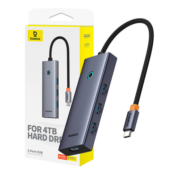 Хаб 5в1 Baseus UltraJoy 5-Port (4xUSB 3.0, PD) серый