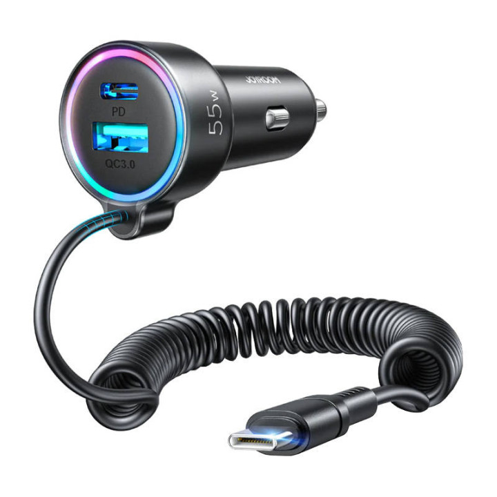 Autoladegerät Joyroom JR-CL07, 3-in-1, 1x USB + 1x PD, 55W + Typ-C-Kabel (schwarz)