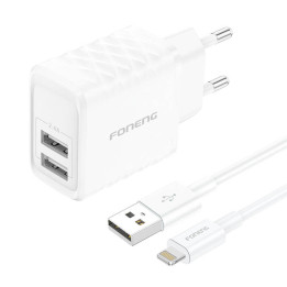 Foneng EU53 20W 2xUSB-A, 2,4A Netzwerkladegerät (Weiß) + USB-A-zu-Lightning-Kabel