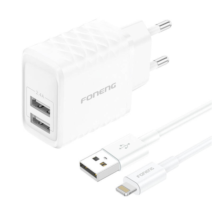 Foneng EU53 20W 2xUSB-A, 2,4A Netzwerkladegerät (Weiß) + USB-A-zu-Lightning-Kabel