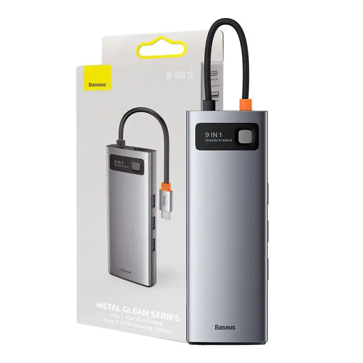 Концентратор 9 в 1 серии Baseus Metal Gleam, USB-C — 3 порта USB 3.0 + HDMI + USB-C PD + Ethernet RJ45 + microSD/SD + VGA