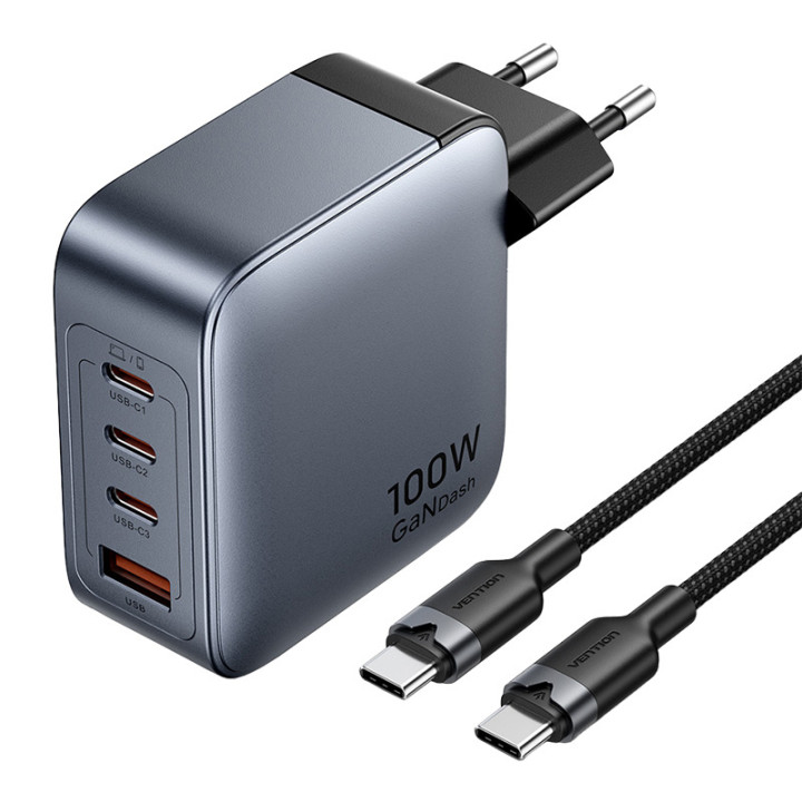 Зарядное устройство Vention 3x USB-C, 1x USB-A, (100 Вт/100 Вт/30 Вт/30 Вт) (серое) с кабелем USB-C — USB-C (1 м) (черное)