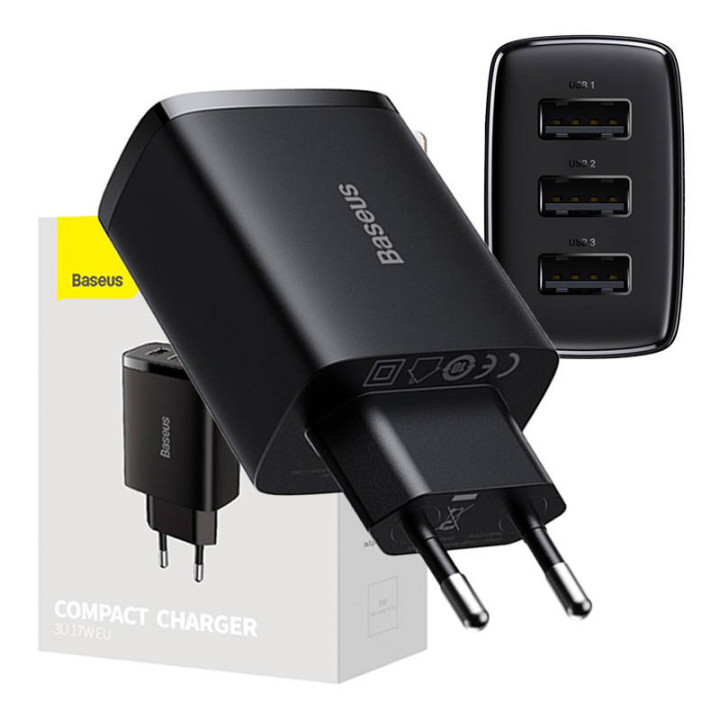 Компактное быстрое зарядное устройство Baseus, 3 порта USB, 17 Вт (черный)