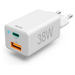 Hama mini 38 W, GaN PD/QC 3.0 (1X USB-C, 1X USB-A), bianco