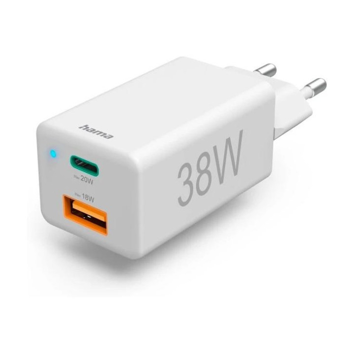 Hama mini 38W, GaN PD/QC 3.0 (1X USB-C, 1X USB-A), белый