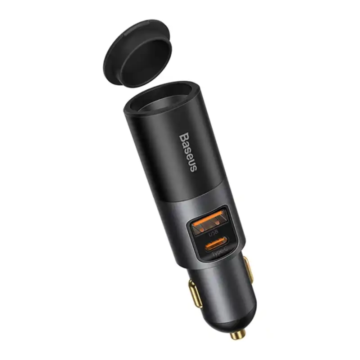 Baseus Share Together Fast Charge Car Charger with Cigarette Lighter Expansion Port, 2x USB, 120W (Gray)