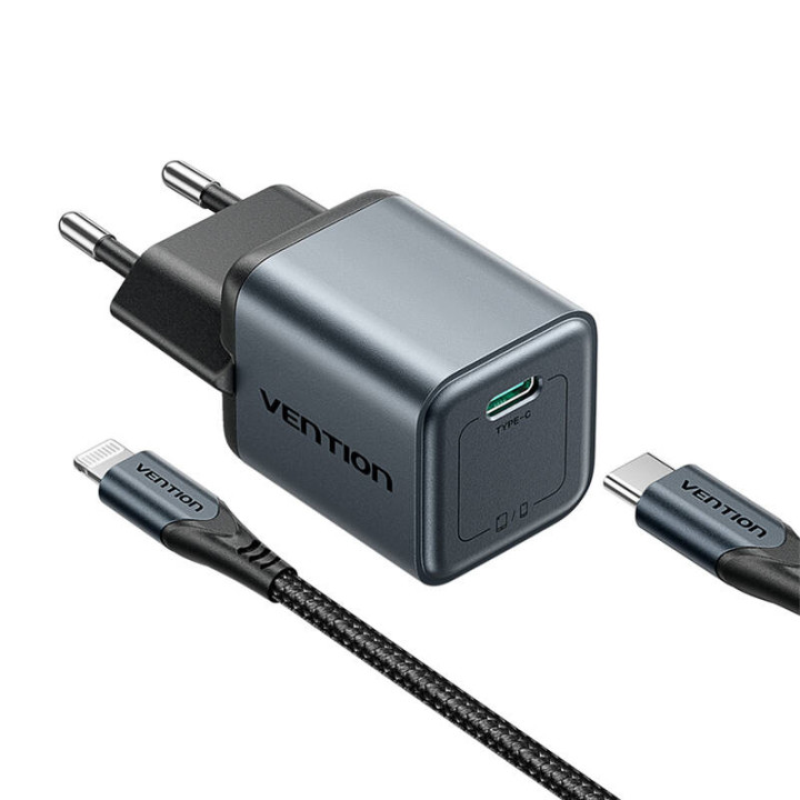 Зарядное устройство GaN Vention USB-C 20 Вт + кабель USB-C-L длиной 1 м (серый)