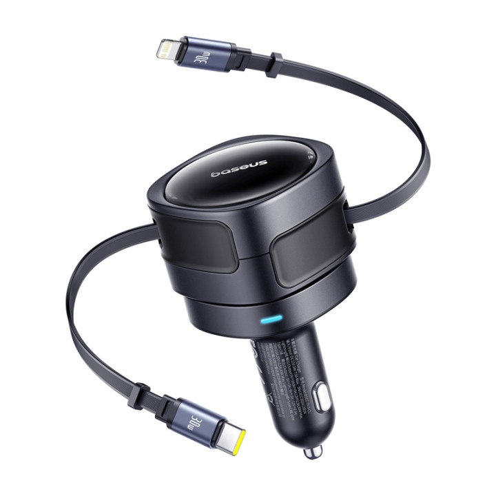 Caricabatteria da auto Baseus Enjoyment Max con cavi USB-C+Lightning 60W Nero
