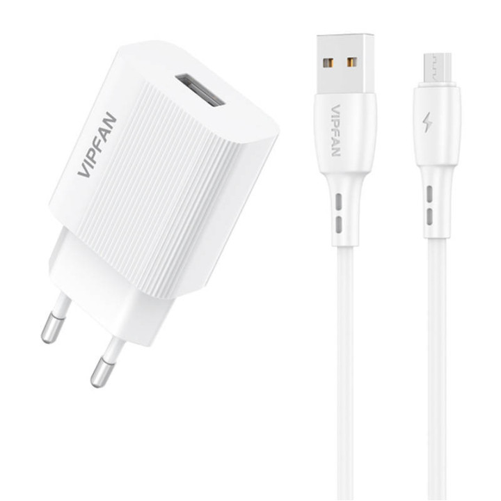 Caricabatterie VFAN E01, 1x USB, 2,4 A + cavo Micro USB (bianco)