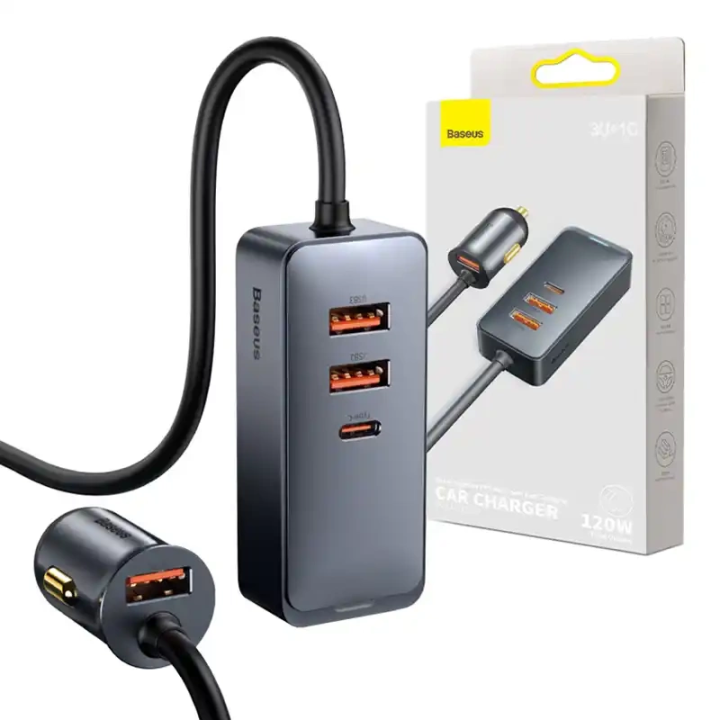 Автомобильное зарядное устройство Baseus Share Together с удлинителем, 3x USB, USB-C, 120 Вт (серый)
