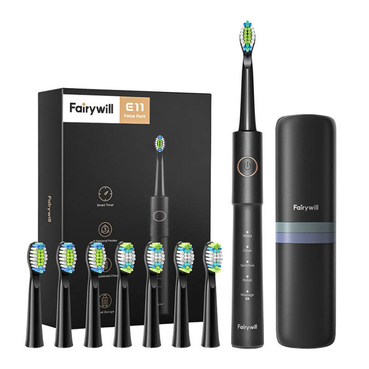 Szczoteczka soniczna z zestawem główek i etui FairyWill FW-E11 (czarna)
