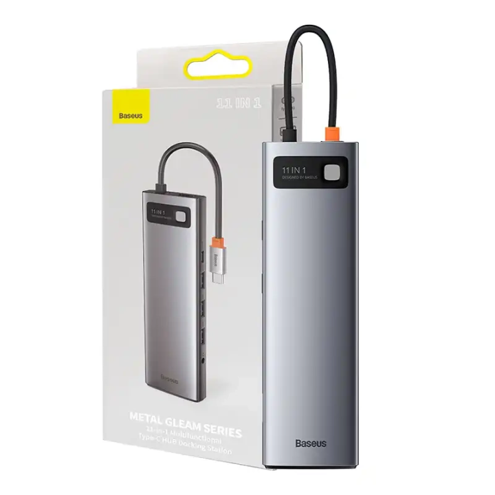 Hub 11w1 Baseus Metal Gleam Series, USB-C na 3x USB 3.0 + 2x HDMI + USB-C PD + Ethernet RJ45 + microSD/SD + VGA + AUX