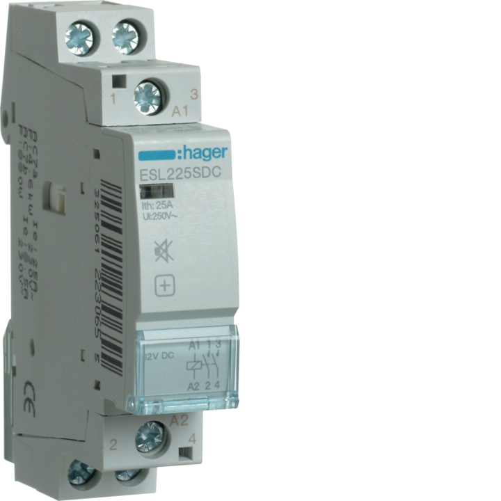 Hager ESL225SDC Silent Modular Contactor 25 A, 2NO, 12 V DC