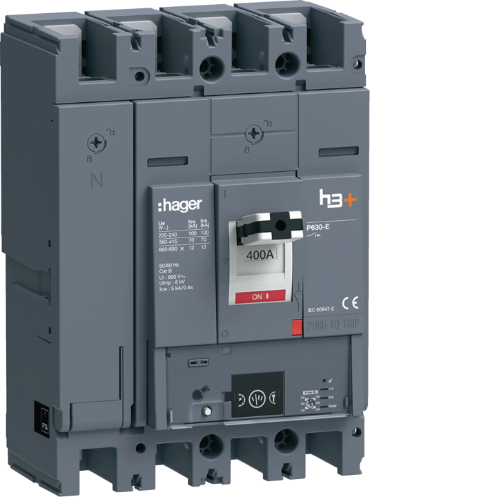 Hager HEW401NR h3+ P630 Energy MCCB 4-Pole 400A 70kA