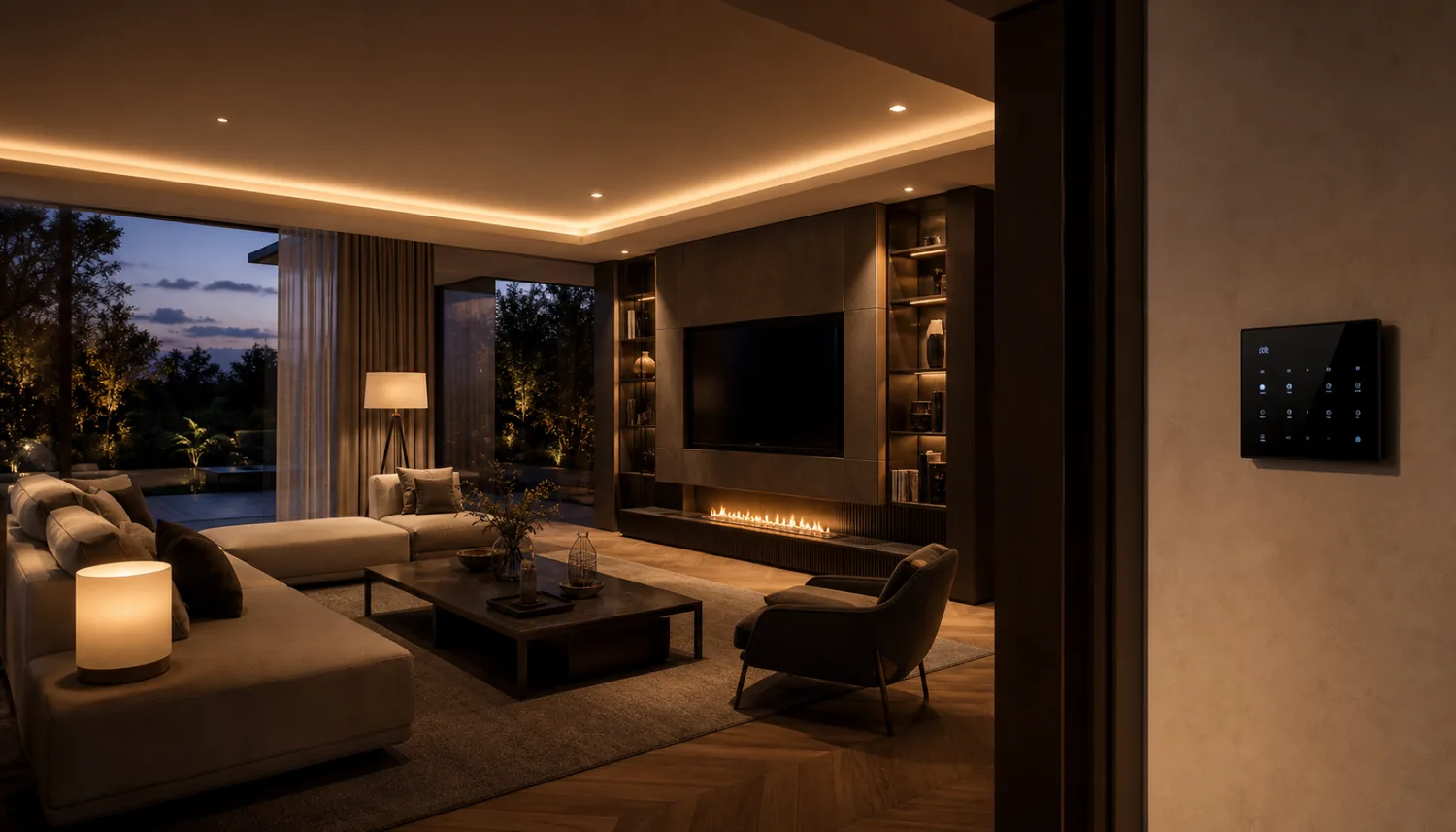 Smart home living room in the evening with KNX-controlled lighting scenes